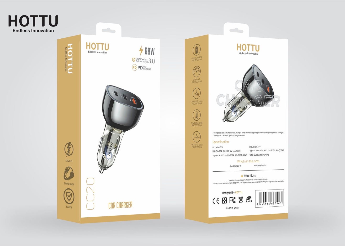 HOTTU CC20 68W Dual Port Car Charger β Fast Charging with PD & QC 3.0