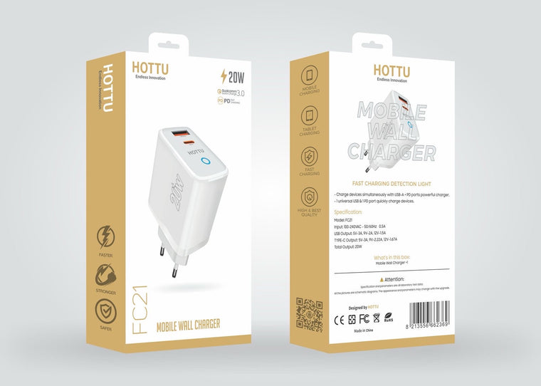 HOTTU 20W Mobile Wall Charger – Dual Port Fast Charging (QC 3.0 + PD)