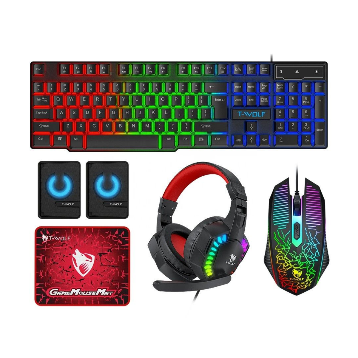 T-Wolf 5-in-1 RGB Gaming Combo – Keyboard, Mouse, Headset, Speakers & Mousepad