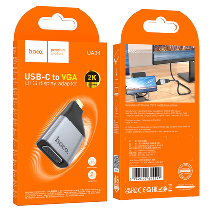 Hoco UA34 Type-C to VGA Adapter – 2K 60Hz | Plug & Play